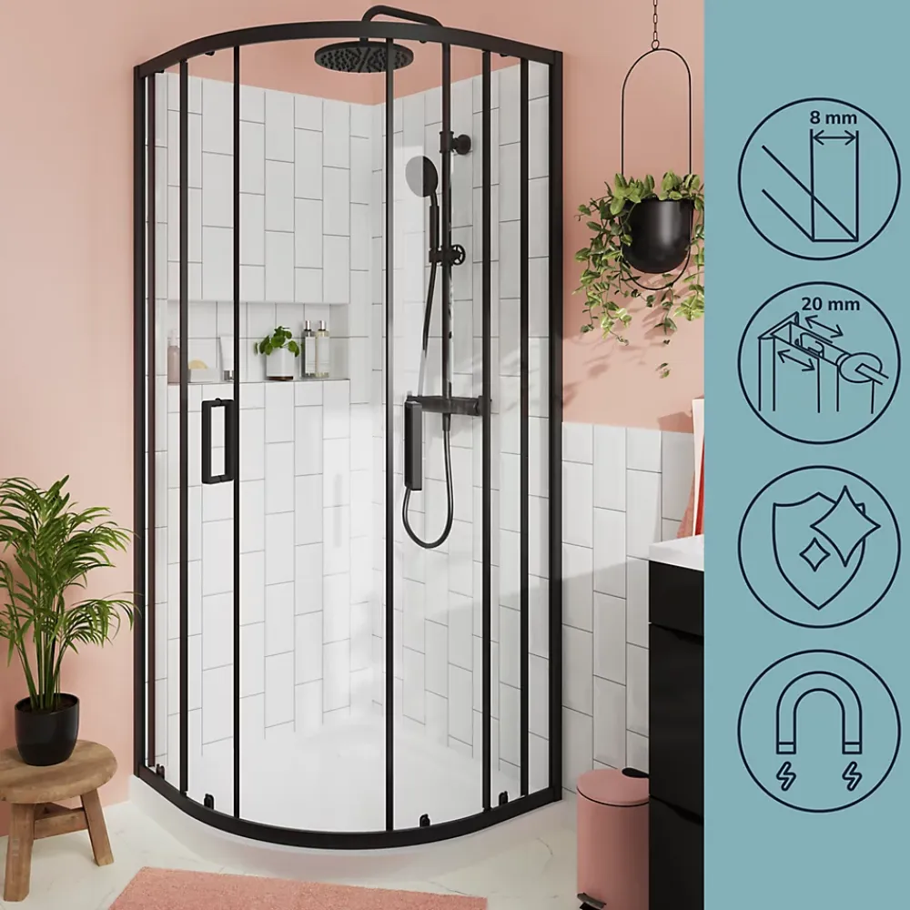 Porte De Douche|GoodHome Portes de douche coulissantes accès d'angle quart de cercle l.90 x L.90 x H.195 cm, verre transparent, profilés alu noir, Ledava