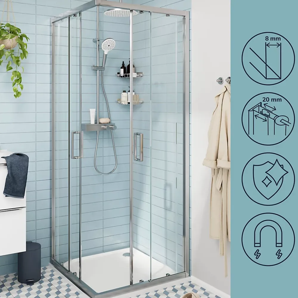 Porte De Douche|GoodHome Portes de douche coulissantes accès d'angle l.80 x L.80 x H.195 cm, verre transparent, profilés alu chrome, Ledava