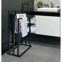 Colonne De Salle De Bains|Idimex Porte-serviettes sur pied KUNO portant pour vêtements et linge de salle de bain avec 3 niveaux d'étendage, structure en métal noir