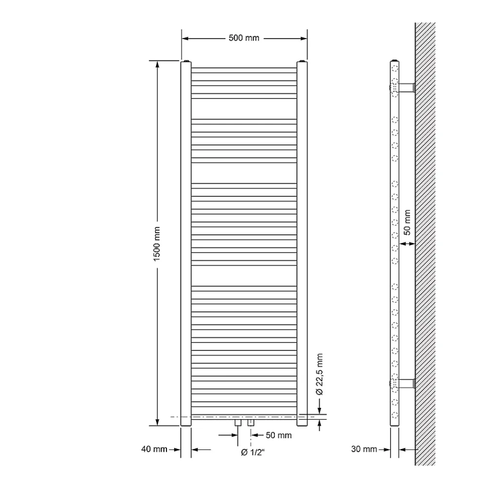 Sèche-Serviettes Eau Chaude|Luxebath Radiateur de Salle de Bain Design Sahara, 500 x 1500 mm, Noir Mat, Forme Droit avec Connexion Central, sans Kit de Raccordement