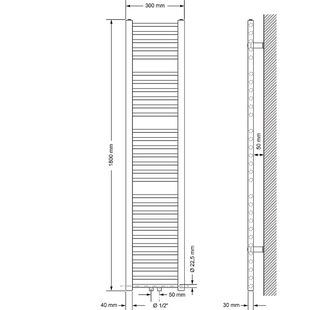 Luxebath Radiateur de Salle de Bain - 300 x 1800 mm - Blanc - Droit avec Raccordement Central