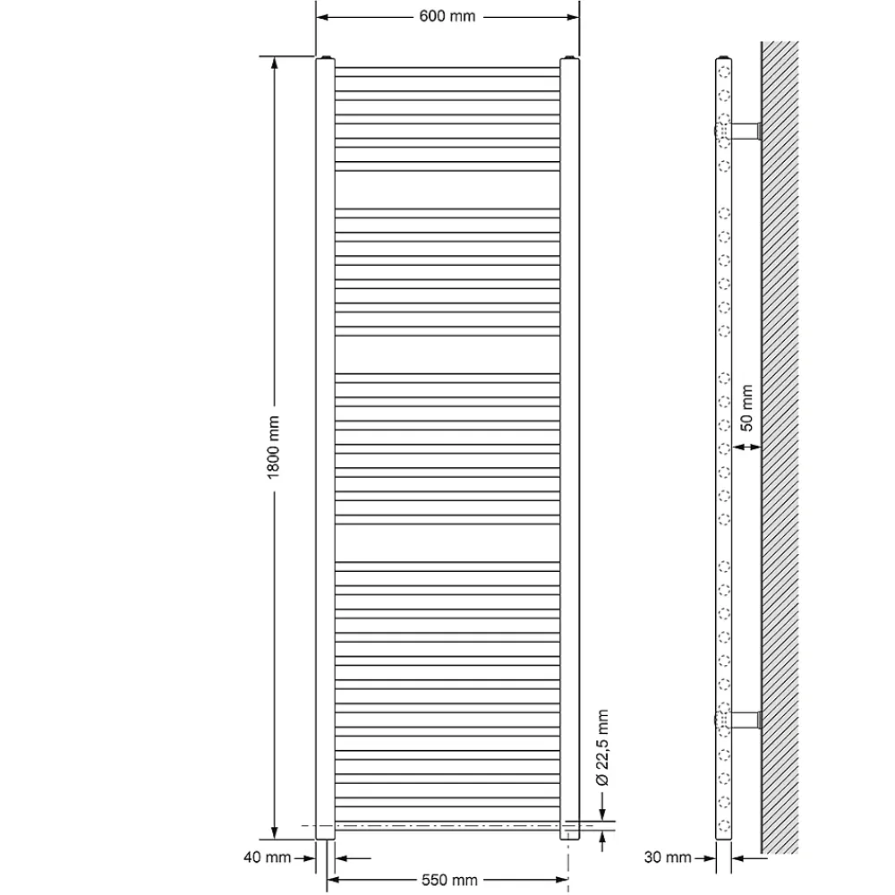 Sèche-Serviettes Mixte|Luxebath Radiateur de Salle de Bain Design Sahara, 600 x 1800 mm, Noir Mat, Forme Droite
