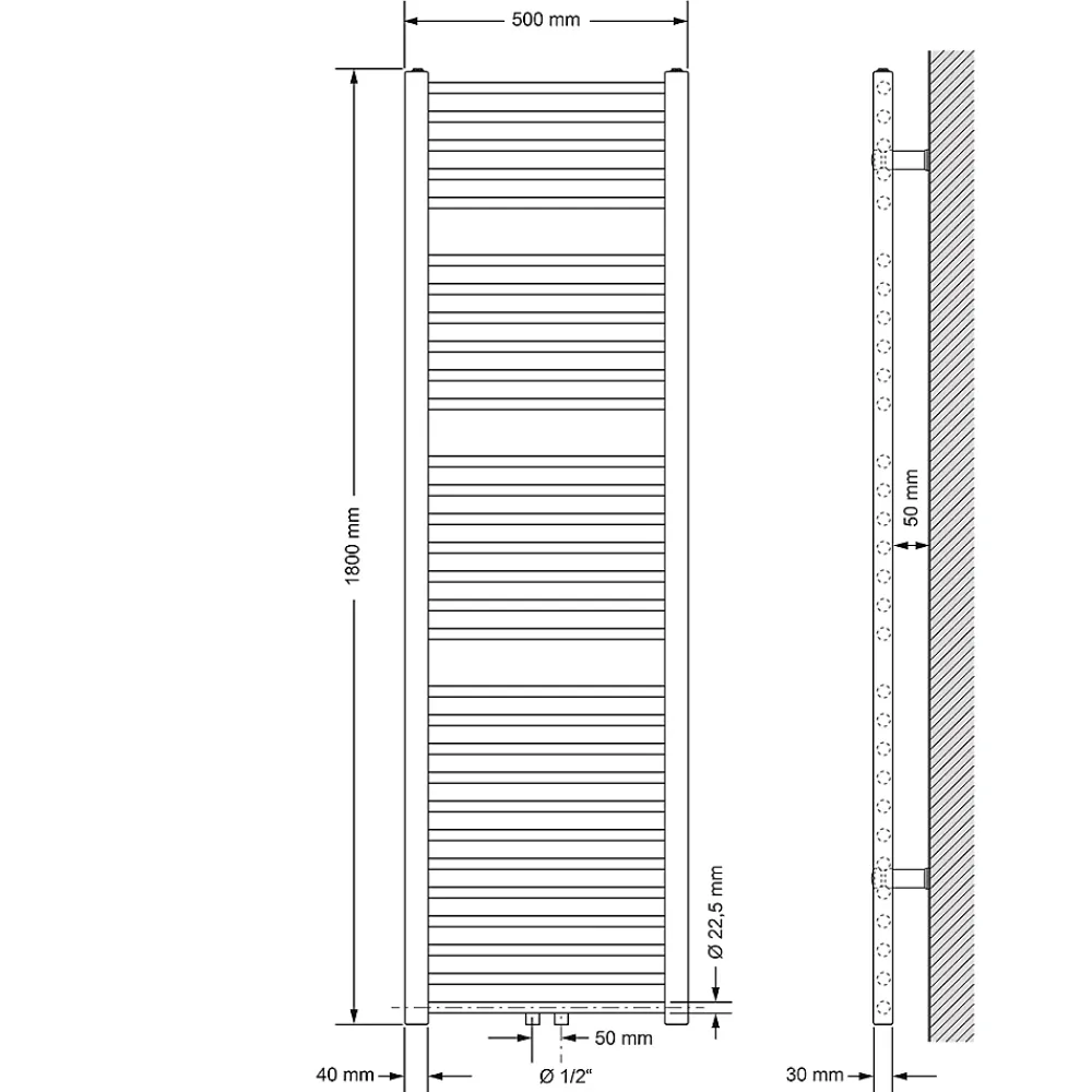Luxebath Radiateur Design Sahara Non Electrique - 500 x 1800 mm - Blanc - Connexion Central - sans Kit de Raccordement - Forme Droit