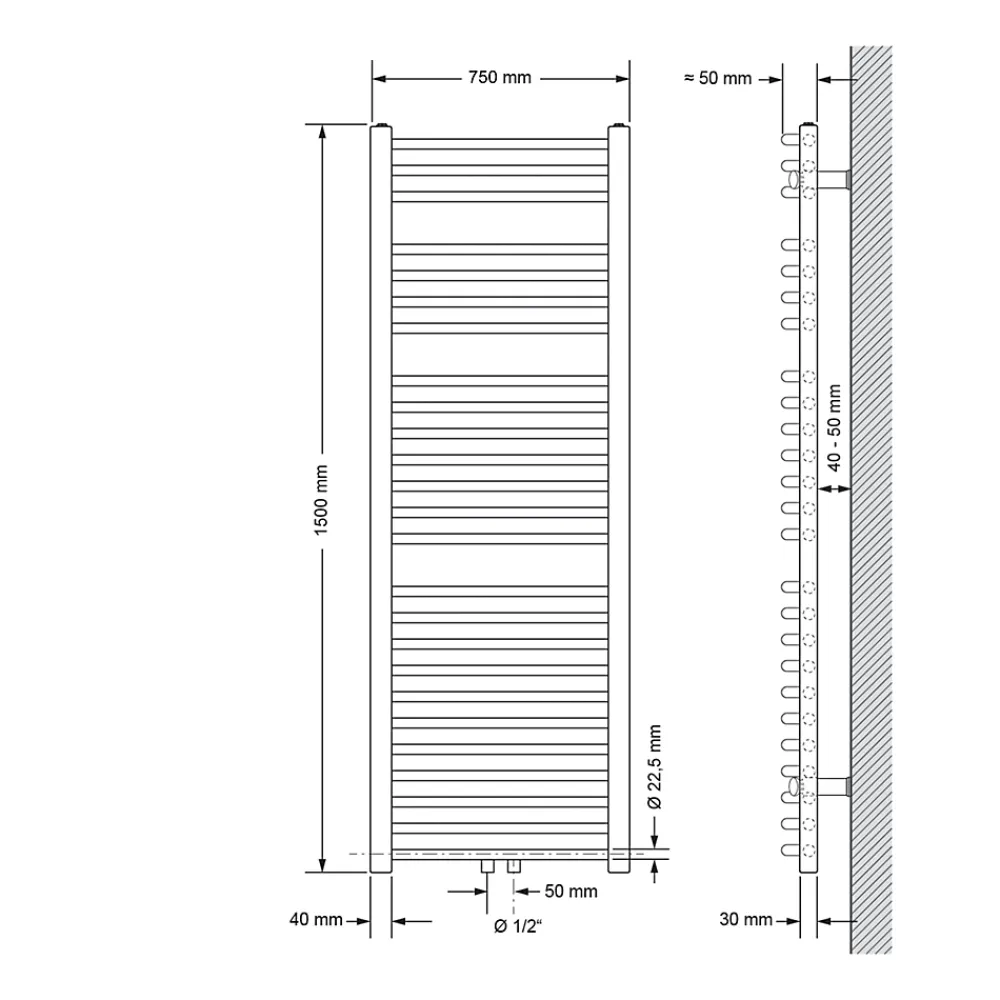 Sèche-Serviettes Mixte|Luxebath Radiateur Salle de Bain 750x1500 mm Anthracite Courbé Raccord Central au Bas avec Garniture de Raccordement Forme d'Angle