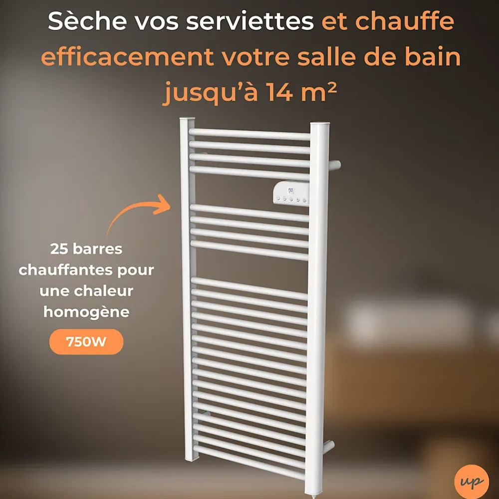 Sèche-Serviettes Électrique|Cosy up Radiateur sèche serviettes électriques à inertie sèche barres rondes 750W thermostat programmable Cosyup Olen Blanc Garantie 3 ans