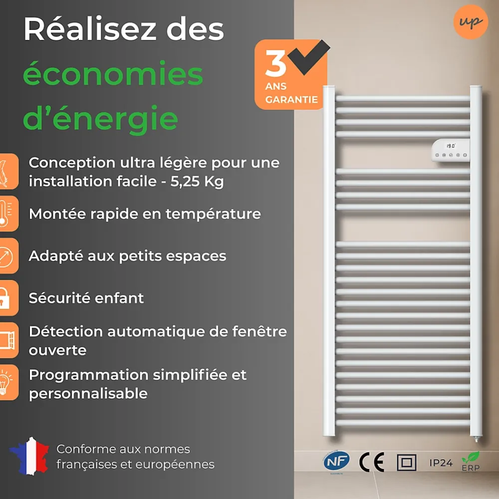 Sèche-Serviettes Électrique|Cosy up Radiateur sèche serviettes électriques à inertie sèche barres rondes 750W thermostat programmable Cosyup Olen Blanc Garantie 3 ans