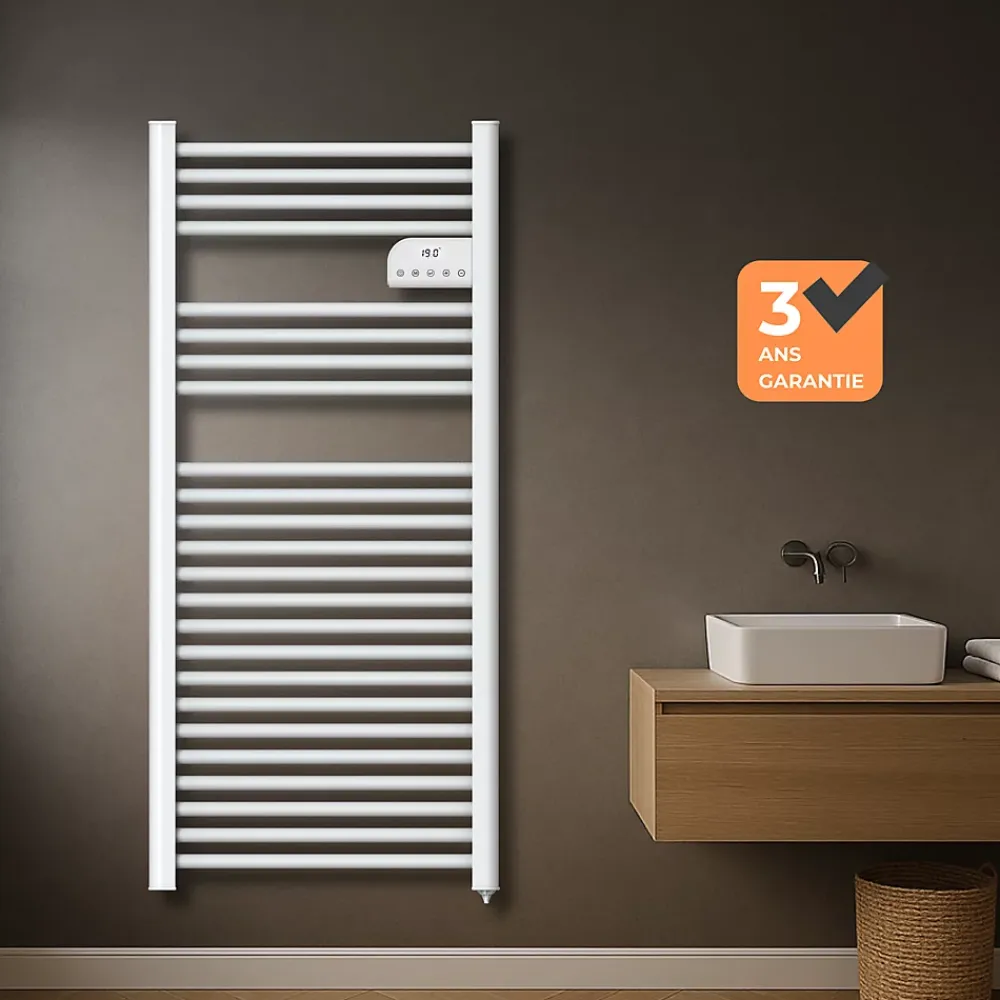 Sèche-Serviettes Électrique|Cosy up Radiateur sèche serviettes électriques à inertie sèche barres rondes 750W thermostat programmable Cosyup Olen Blanc Garantie 3 ans