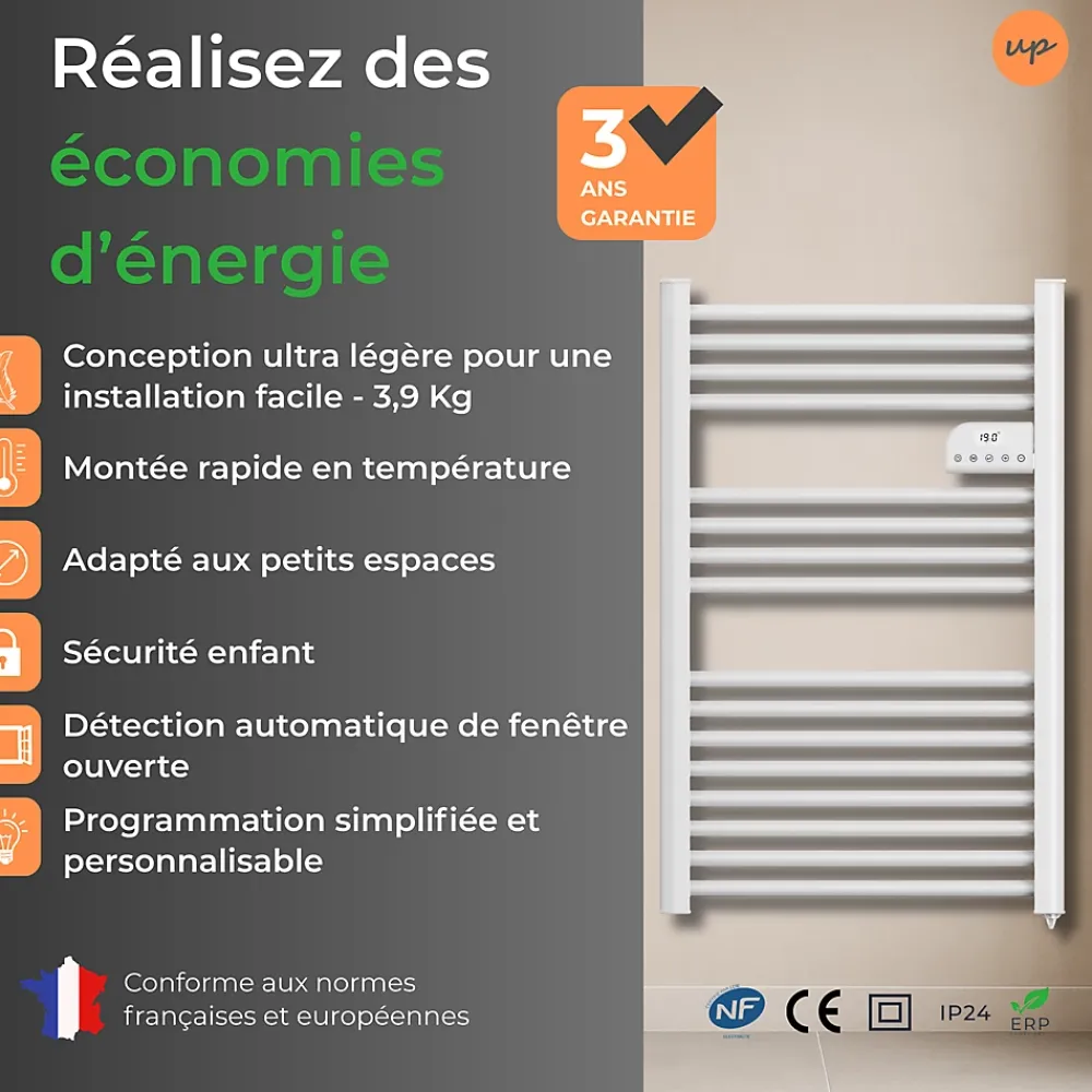 Sèche-Serviettes Électrique|Cosy up Radiateur sèche serviettes électriques à inertie sèche barres rondes 500W thermostat programmable Cosyup Olen Blanc Garantie 3 ans