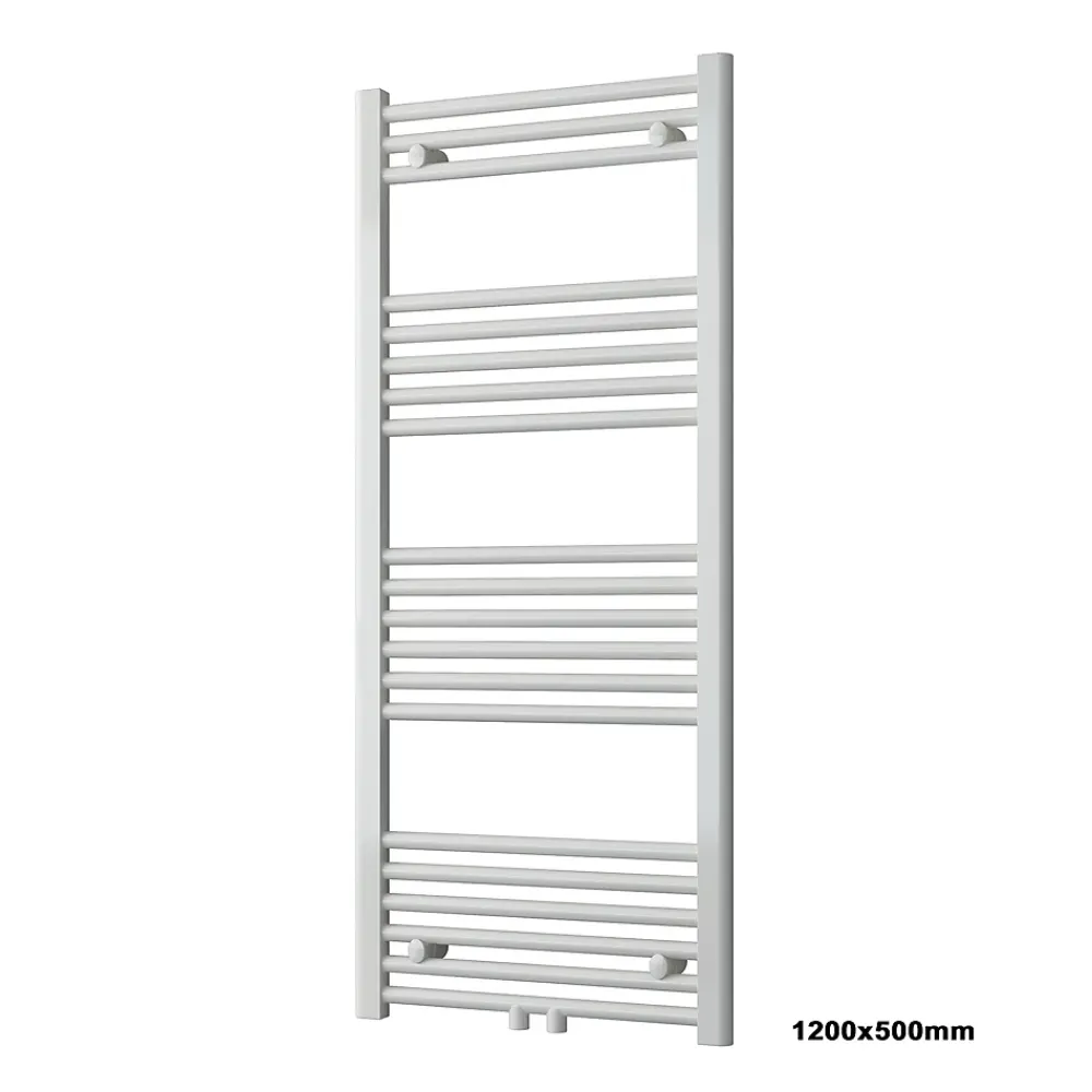 Bernstein Radiateur sèche-serviettes 120x50cm design salle de bain en laiton, Blanc, R18W, Avec porte-serviette droit, + kit connexion blanc