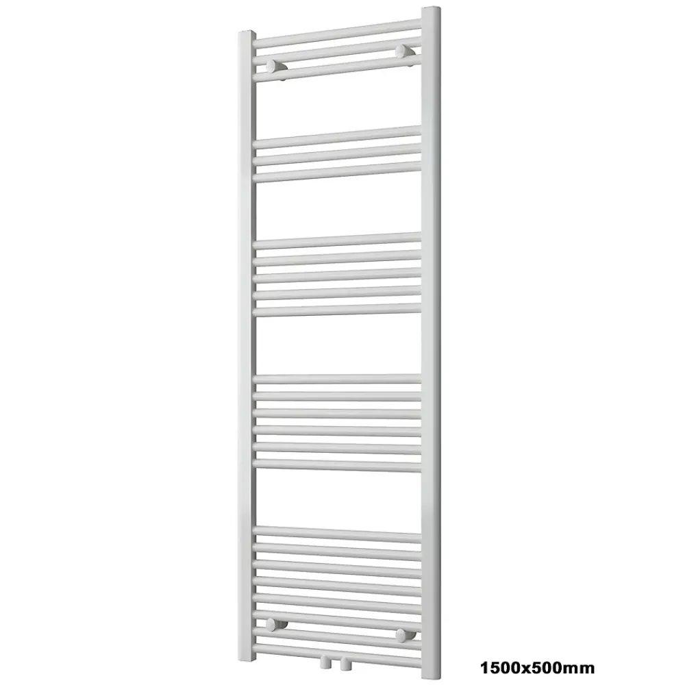 Sèche-Serviettes Eau Chaude|Bernstein Radiateur sèche-serviettes 150x50cm design salle de bain en laiton, Blanc, R18W, Avec porte-serviette droit + kit connexion blanc