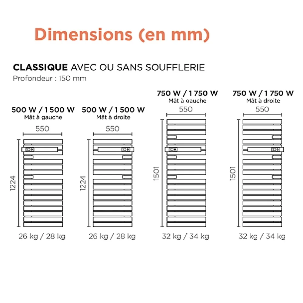 Thermor Radiateur sèche-serviettes ALLURE 3 Classique - Sèche-serviettes Allure 3 mat à droite avec soufflerie 1750W blanc satin