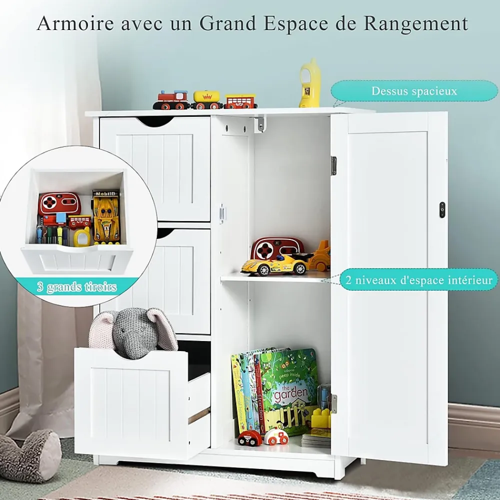 Giantex Rangement Salle de Bain 3 Tiroirs 1 Armoire Placard Porte Magnétique Anti Basculement étagère Réglable
