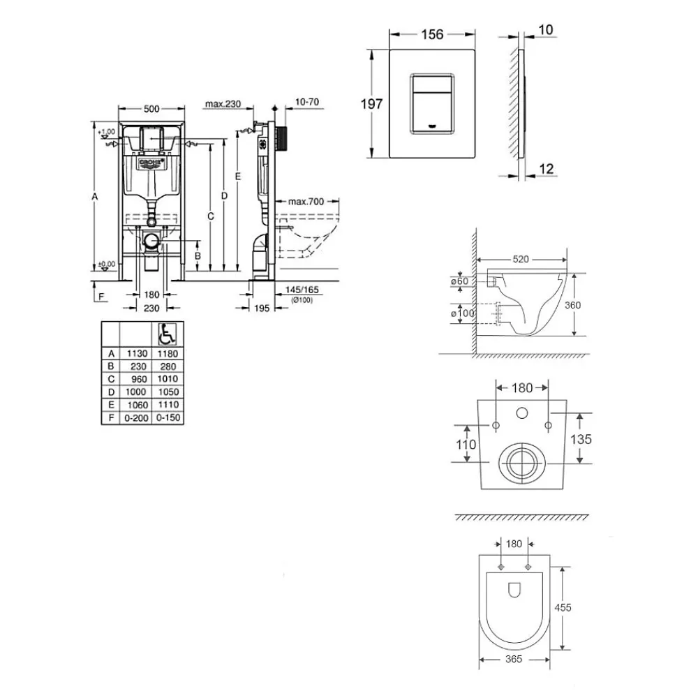 Wc Suspendu|Grohe Rapid SL Pack Bâti-support + WC suspendu + Plaque chrome + Set de montage (RAPIDSL-FUSIONTQ-1-SABO)