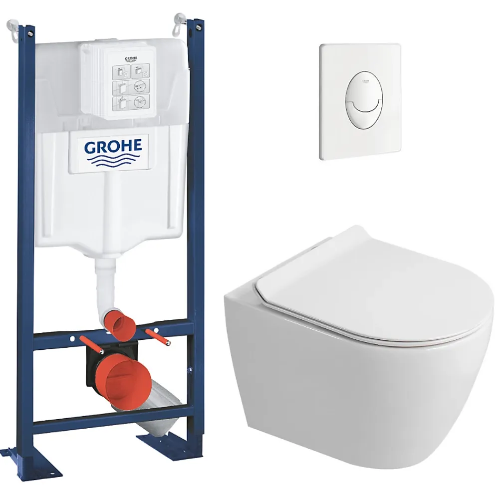 Grohe Rapid SL Pack WC bâti autoportant + WC suspendu sans bride Ceramia avec abattant SoftClose + plaque blanche (GRRCEPXWR03-FR)