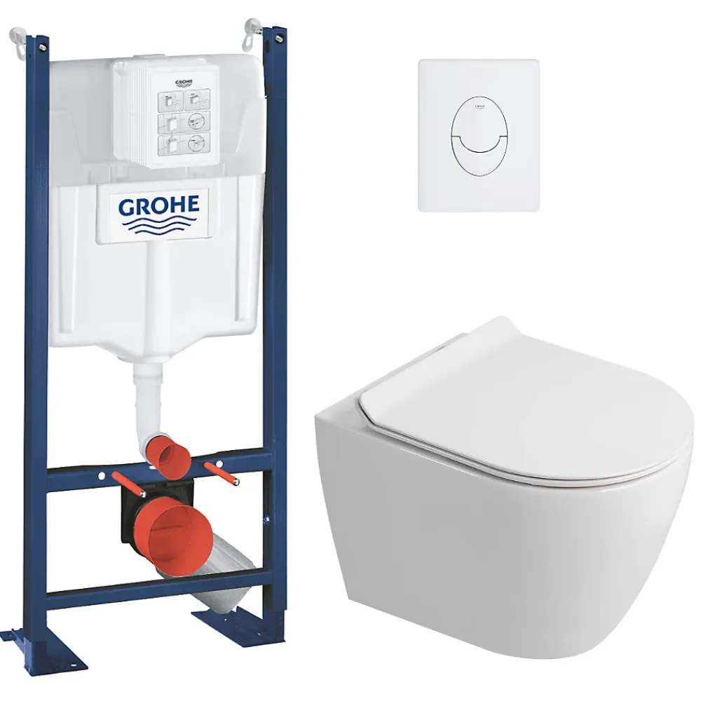 Wc Suspendu|Grohe Rapid SL Pack WC bâti autoportant + WC suspendu sans bride Ceramia avec abattant SoftClose + plaque blanche (GRRCEPXWR12-FR)