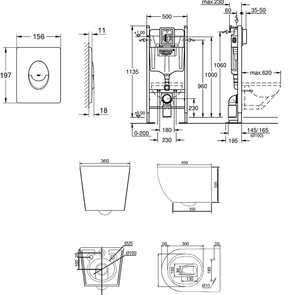 Wc Suspendu|Grohe Rapid SL Pack WC bâti autoportant + WC suspendu sans bride Ceramia avec abattant SoftClose + plaque blanche (GRRCEPXWR12-FR)