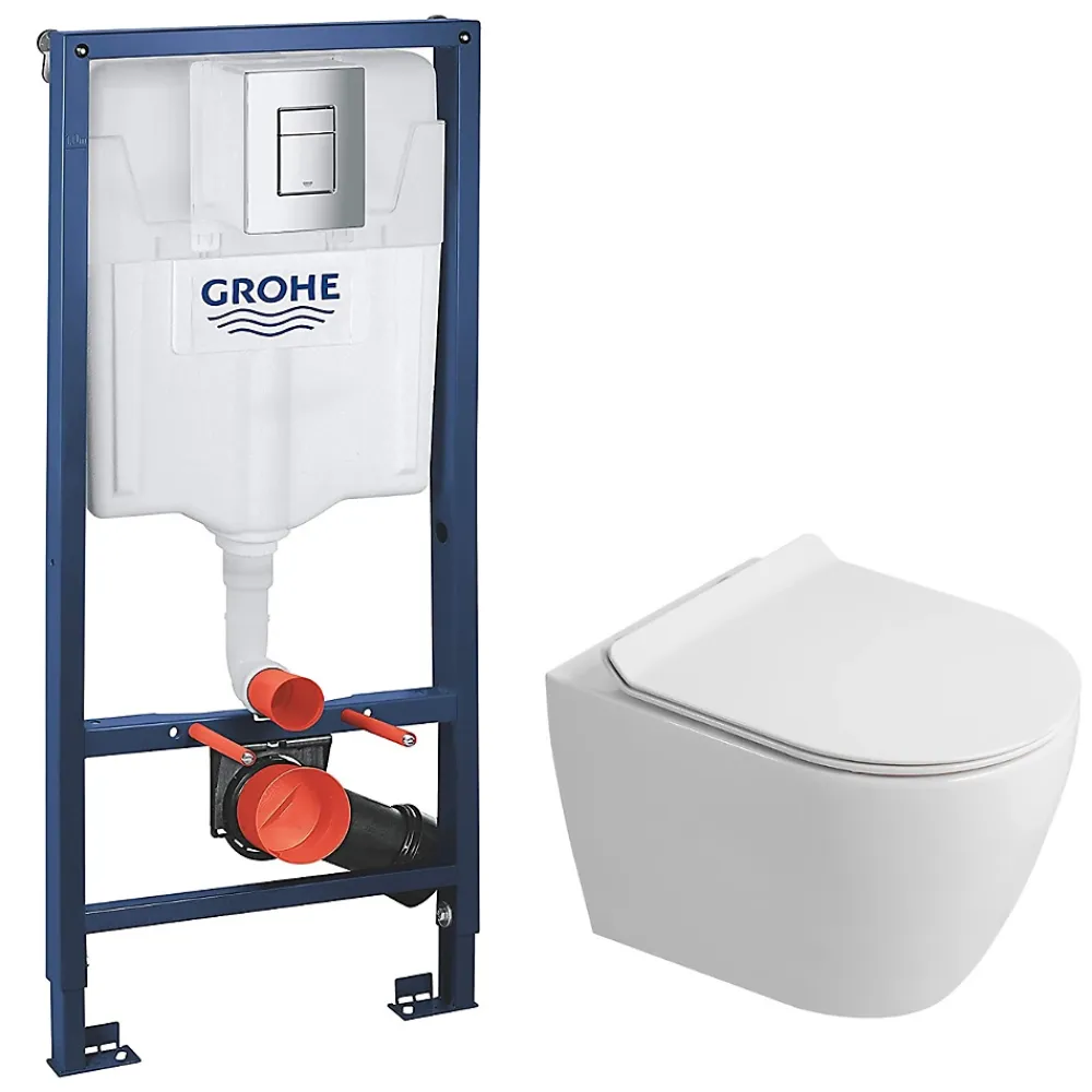 Grohe Rapid SL Pack WC bâti-support + WC suspendu sans bride Ceramia avec abattant SoftClose + plaque chrome (GRRCEPXWR14-FR)