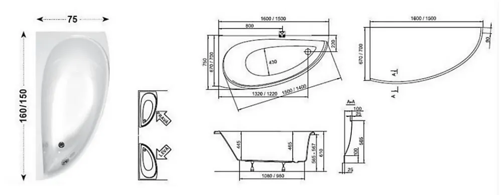 Ravak Avocado 160 x 75 cm Baignoire d'angle gain de place, orientation droite en acrylique, sans pieds, blanc (CH01000000)