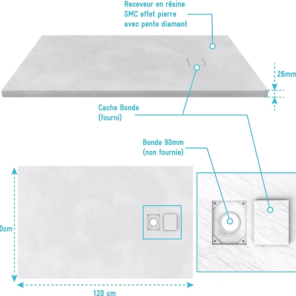 Receveur De Douche|Aurlane Receveur à poser en matériaux composite SMC - Finition ardoise blanc mat - 80x120 cm