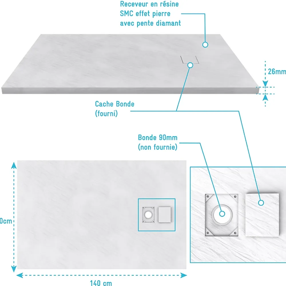 Aurlane Receveur a poser en materiaux composite SMC - Finition ardoise blanc mat - 90x140 cm