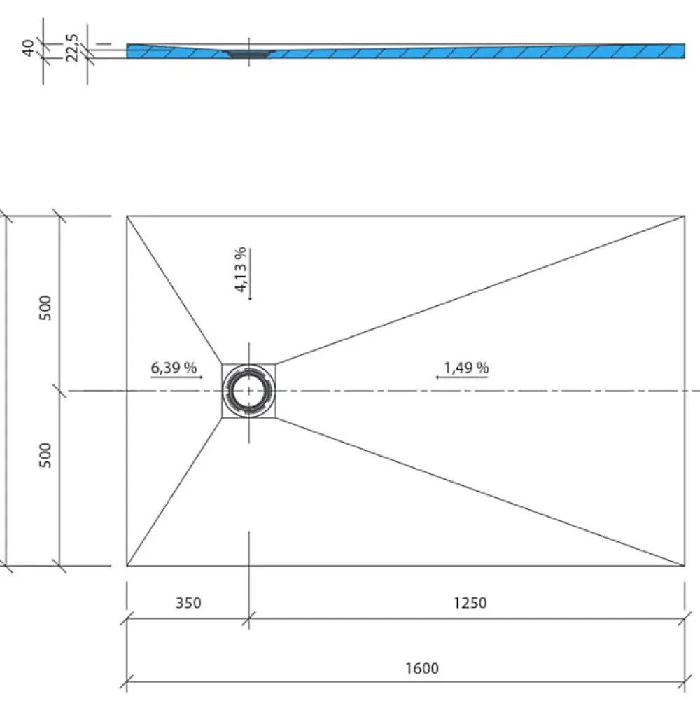 Wedi Receveur de douche à carreler 160 x 100 Fundo Primo rectangle écoulement excentré