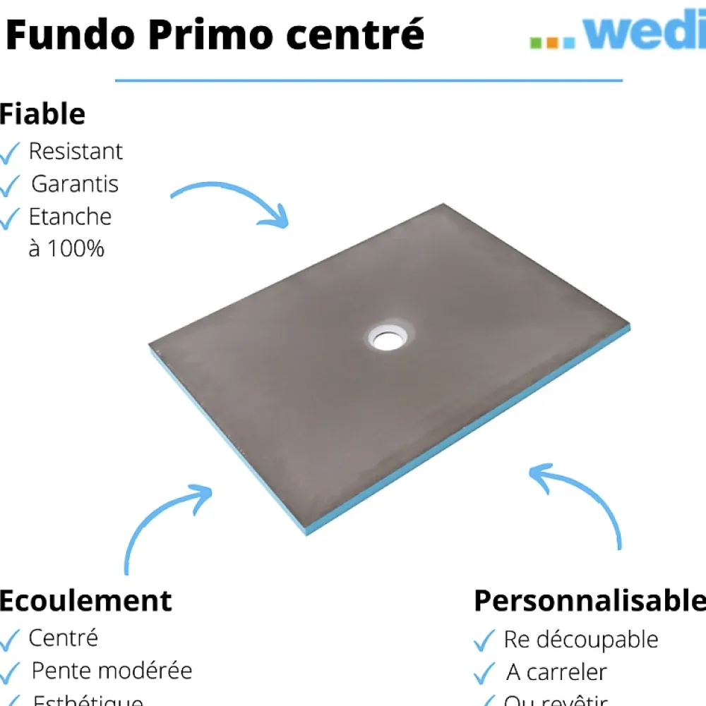 Wedi Receveur de douche à carreler 90 x 90 Fundo Primo carré écoulement centrée