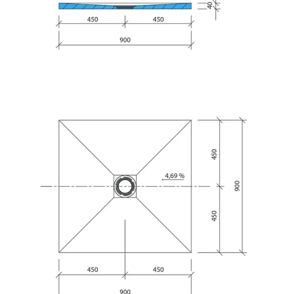 Wedi Receveur de douche à carreler 90 x 90 Fundo Primo carré écoulement centrée