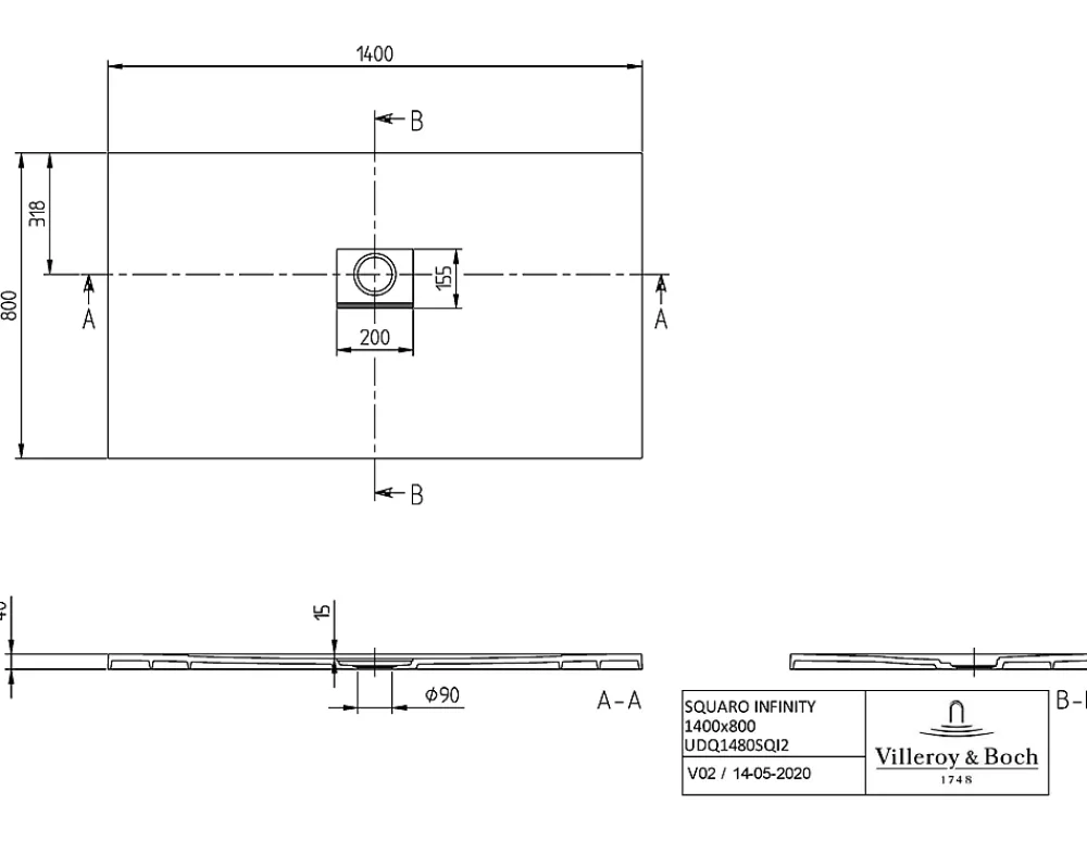 Receveur De Douche|Villeroy & Boch Receveur de douche à poser 80 x 140 cm, blanc, Squaro Infinity