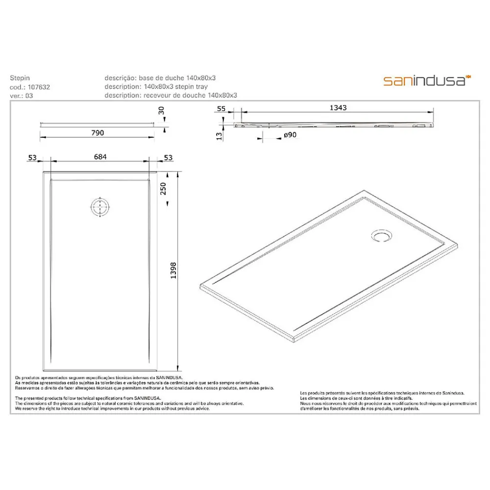Sanindusa Receveur de douche à poser extra plat épaisseur 30mm céramique traditionnelle Stepin 140x80 blanc