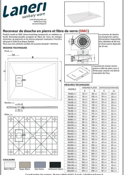 Laneri Receveur de douche SMC en fibre de verre effet pierre avec bonde inclus H. 2,6 cm 90 x 120 Blanche