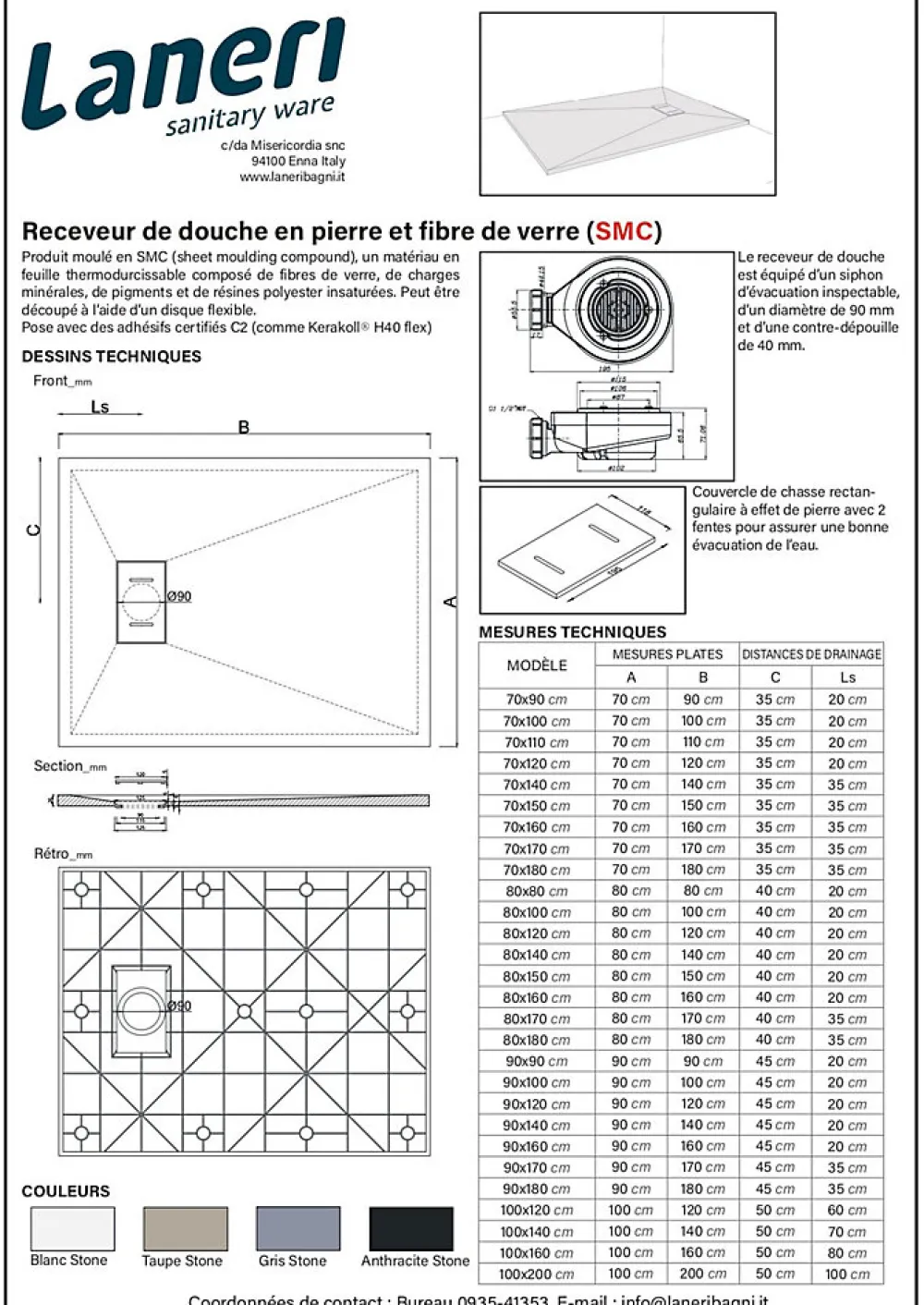 Laneri Receveur de douche SMC en fibre de verre effet pierre avec bonde inclus H. 2,6 cm 80 x 160 Blanche