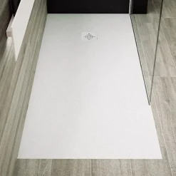 Stano Receveur de douche 90 x 110 cm extra plat PURE en resine surface ardoisee blanc Grille inox