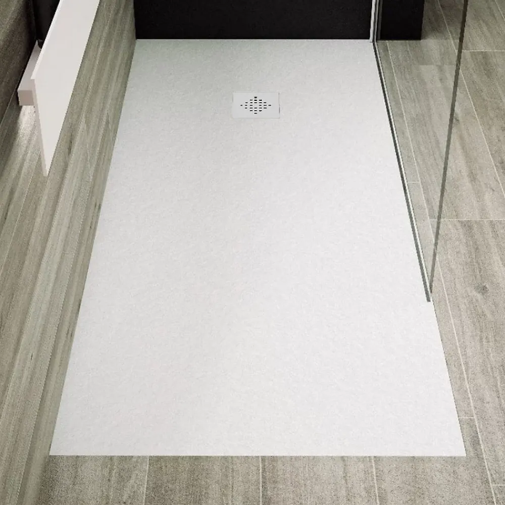 Stano Receveur de douche 90 x 110 cm extra plat PURE en resine surface ardoisee blanc Grille inox