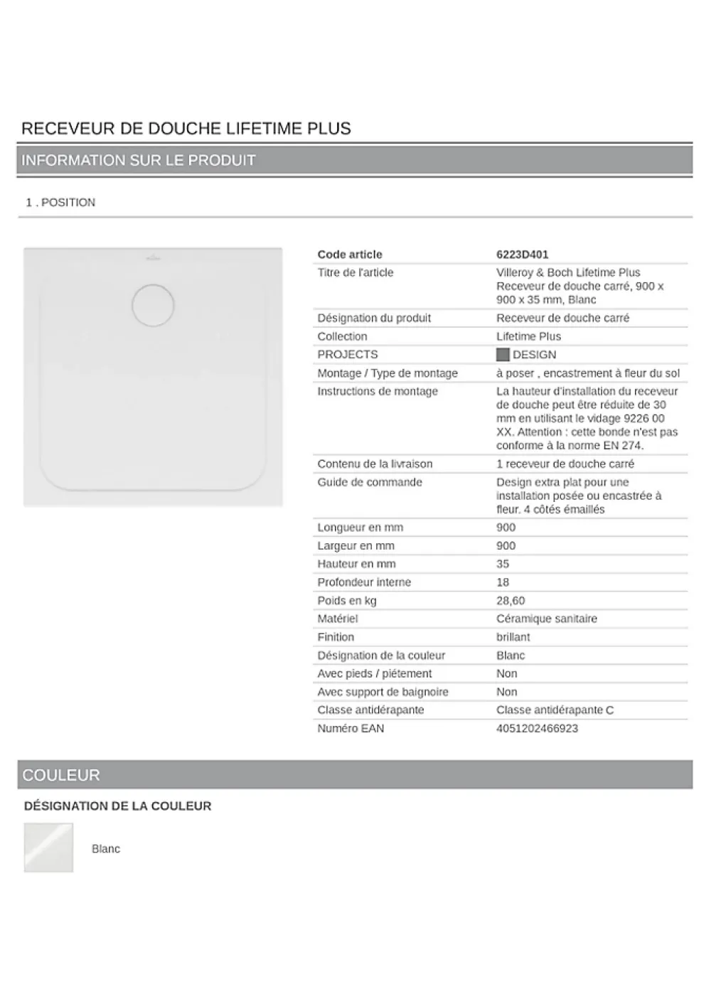 Villeroy & Boch Receveur de douche 90 x 90 cm en céramique, blanc, Slim