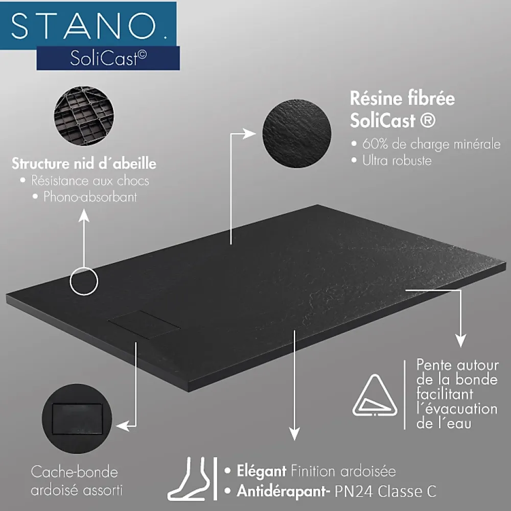Receveur De Douche|Stano Receveur de douche 80 x 170 cm extra plat blanc PIATTO en SoliCast surface ardoisee