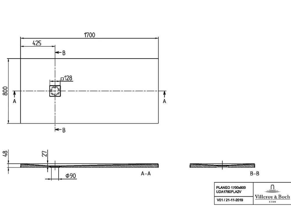 Receveur De Douche|Villeroy & Boch Receveur de douche 80 x 170 cm en acrylique, blanc texturé, Exklusive