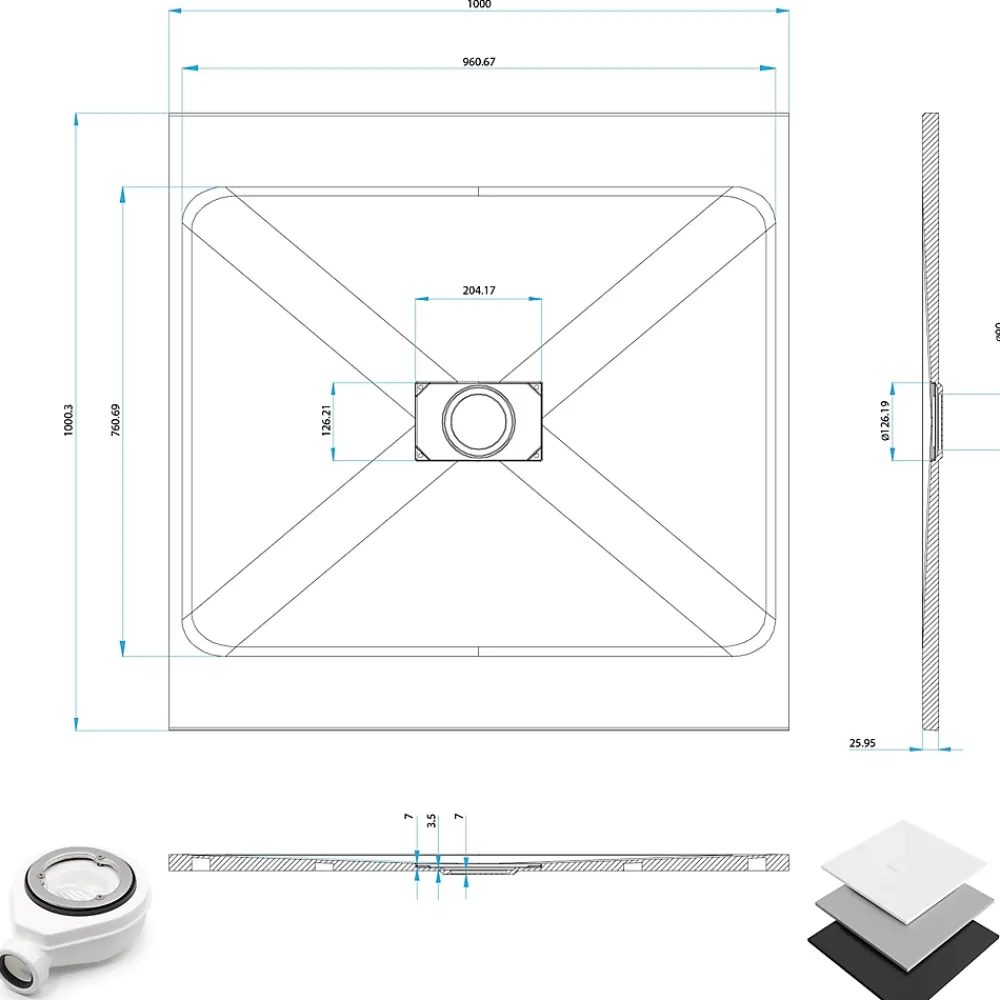 Saniverre Receveur de douche BAYA extra-plat aspect pierre gris 100 x 100 cm + bonde centrale