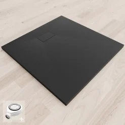 Receveur De Douche|Saniverre Receveur de douche BAYA extra-plat aspect pierre noir 90 x 90 cm + bonde