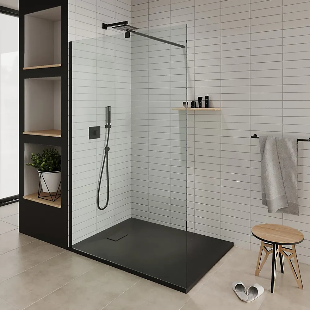 Receveur De Douche|Saniverre Receveur de douche BAYA extra-plat aspect pierre noir 90 x 90 cm + bonde