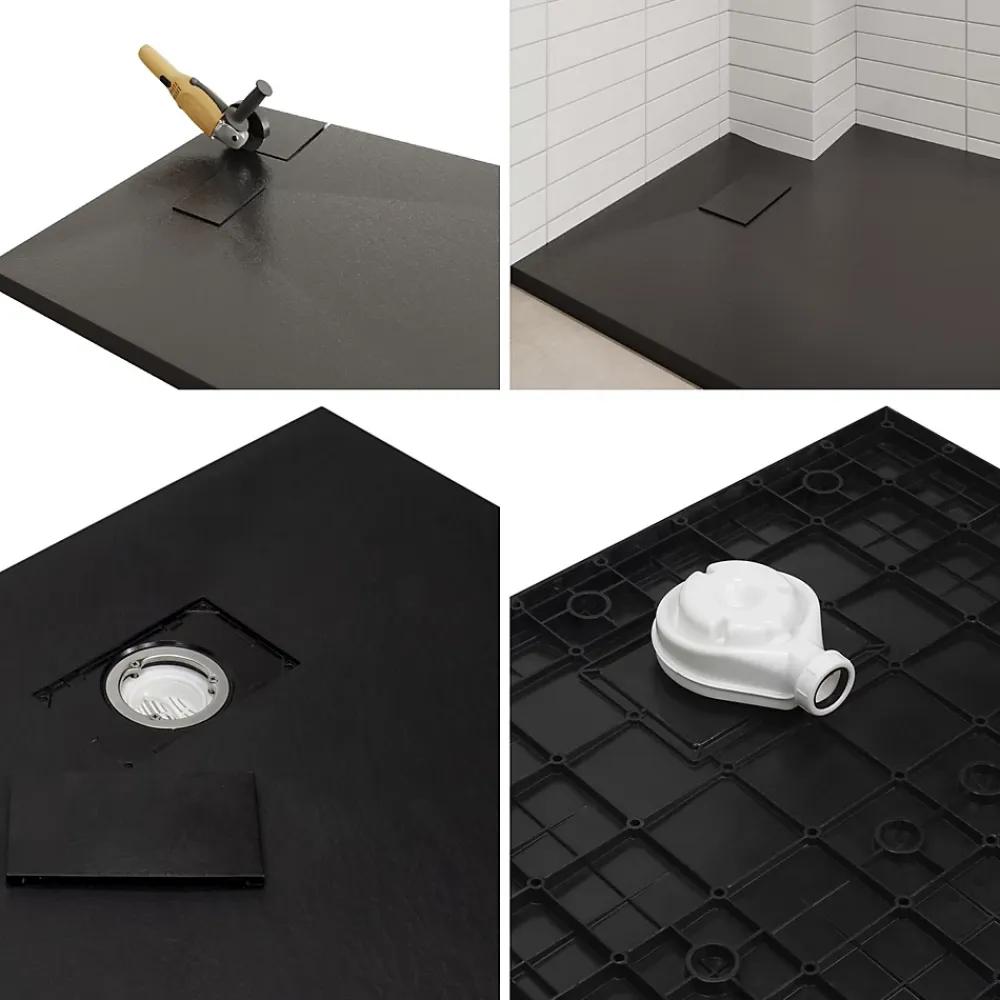 Receveur De Douche|Saniverre Receveur de douche BAYA extra-plat aspect pierre noir 90 x 90 cm + bonde