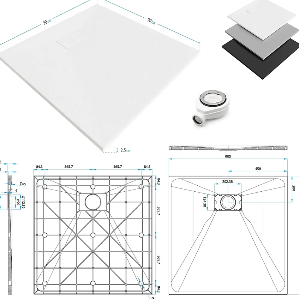 Receveur De Douche|Saniverre Receveur de douche BAYA extra-plat aspect pierre noir 90 x 90 cm + bonde