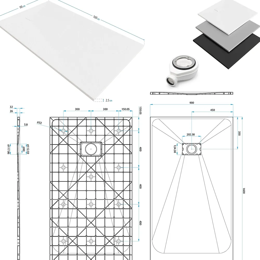 Receveur De Douche|Saniverre Receveur de douche BAYA extra-plat aspect pierre blanc 90 x 160 cm + bonde