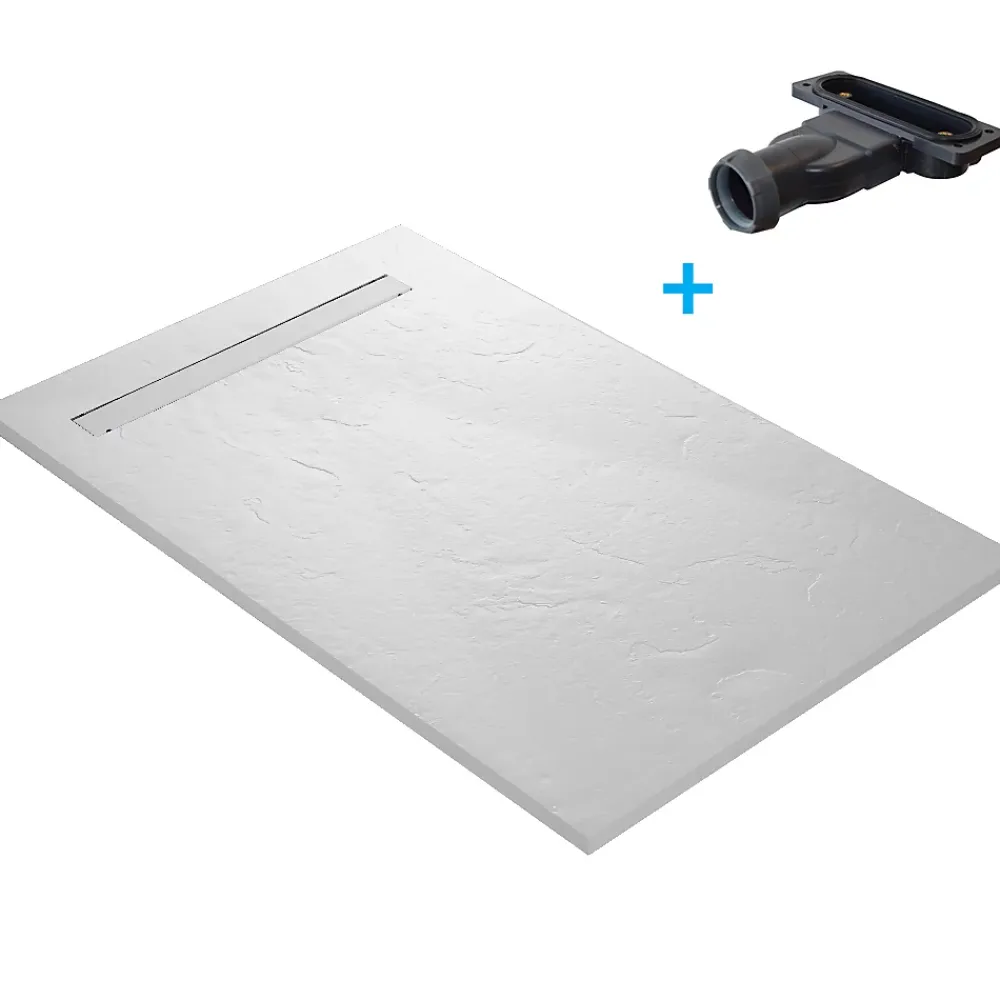 U-tile Receveur de douche blanc 120 x 80 cm en résine aspect ardoise - grille caniveau