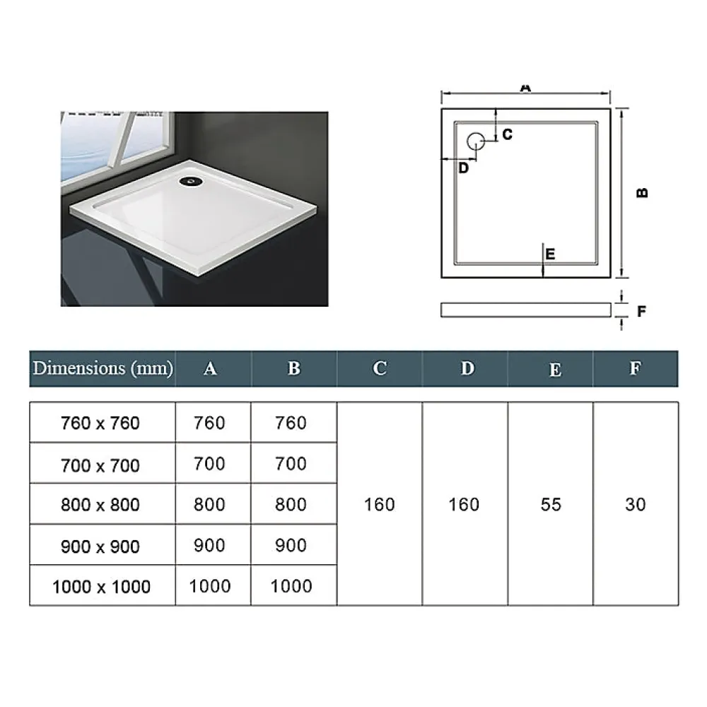 Receveur De Douche|AICA Sanitaire Receveur de douche blanc 80x80x3 cm - Extra plat - Carré - Résine antidérapante avec le bonde de douche et siphon 90cm