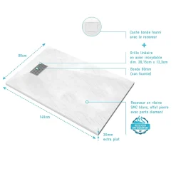 Receveur De Douche|Aurlane Receveur de douche Blanc Effet Pierre 90x140 cm et Grille décor Linéaire en Inox