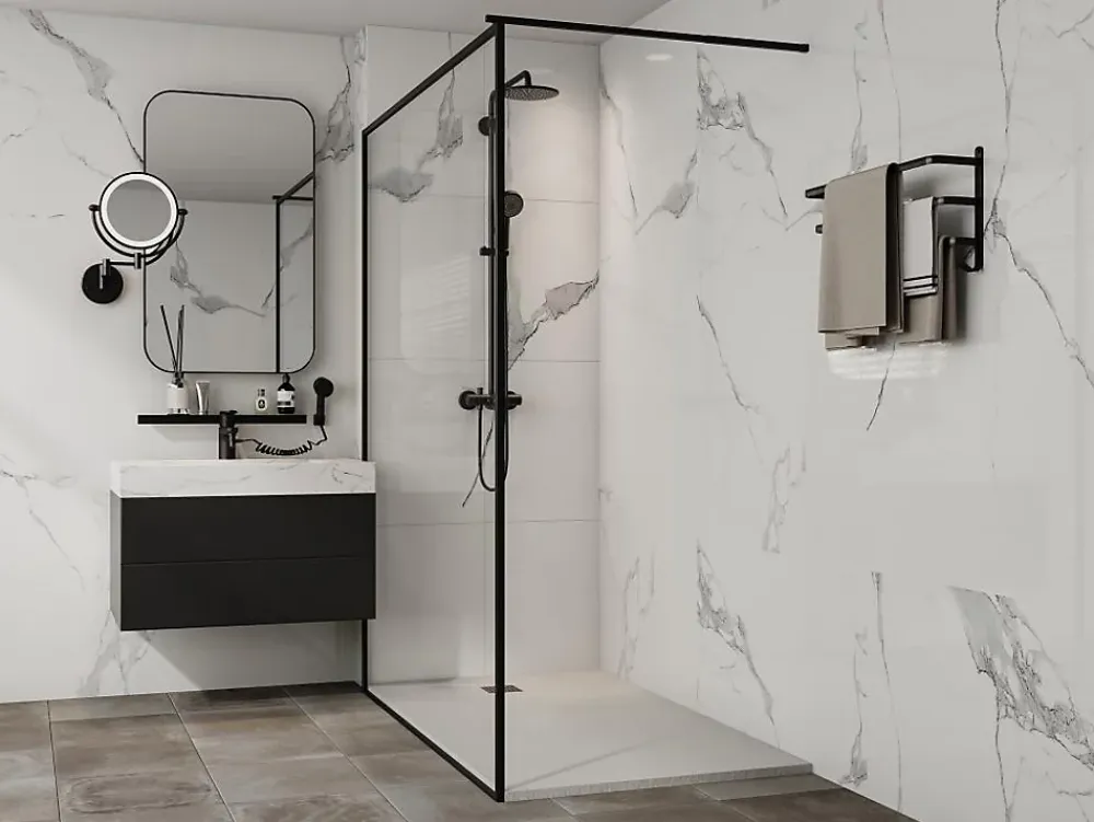 Vente-unique Receveur de douche extra plat à poser ou à encastrer recoupable en résine SMC - Blanc - 160 x 90 cm - MIRNOSA