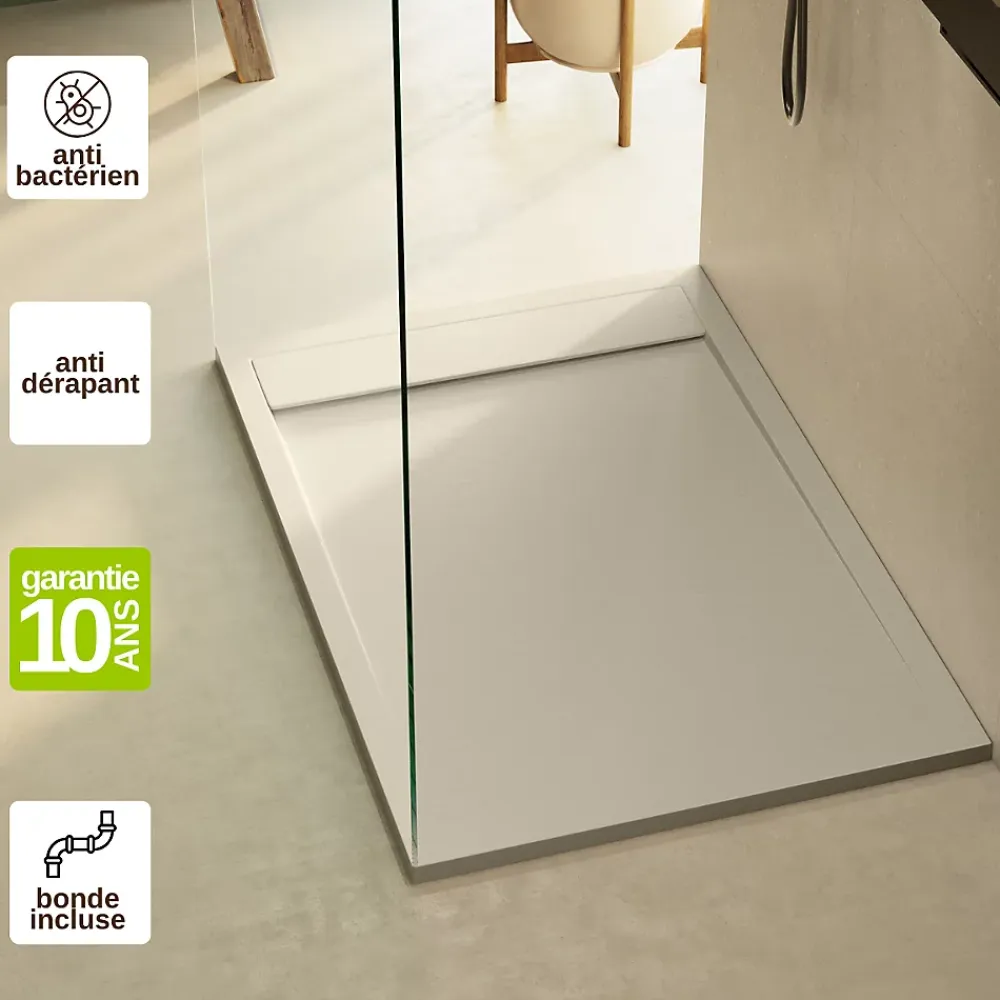 Receveur De Douche|Lavaberg Receveur de Douche Extraplat 140x80cm Beige - Résine Minérale - Antidérapant - Effet Ardoise - Bonde Incluse -