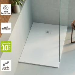 Receveur De Douche|Lavaberg Receveur de Douche Extraplat 180x90cm Blanc - Résine Minérale - Antidérapant - Effet Ardoise - Bonde Incluse -
