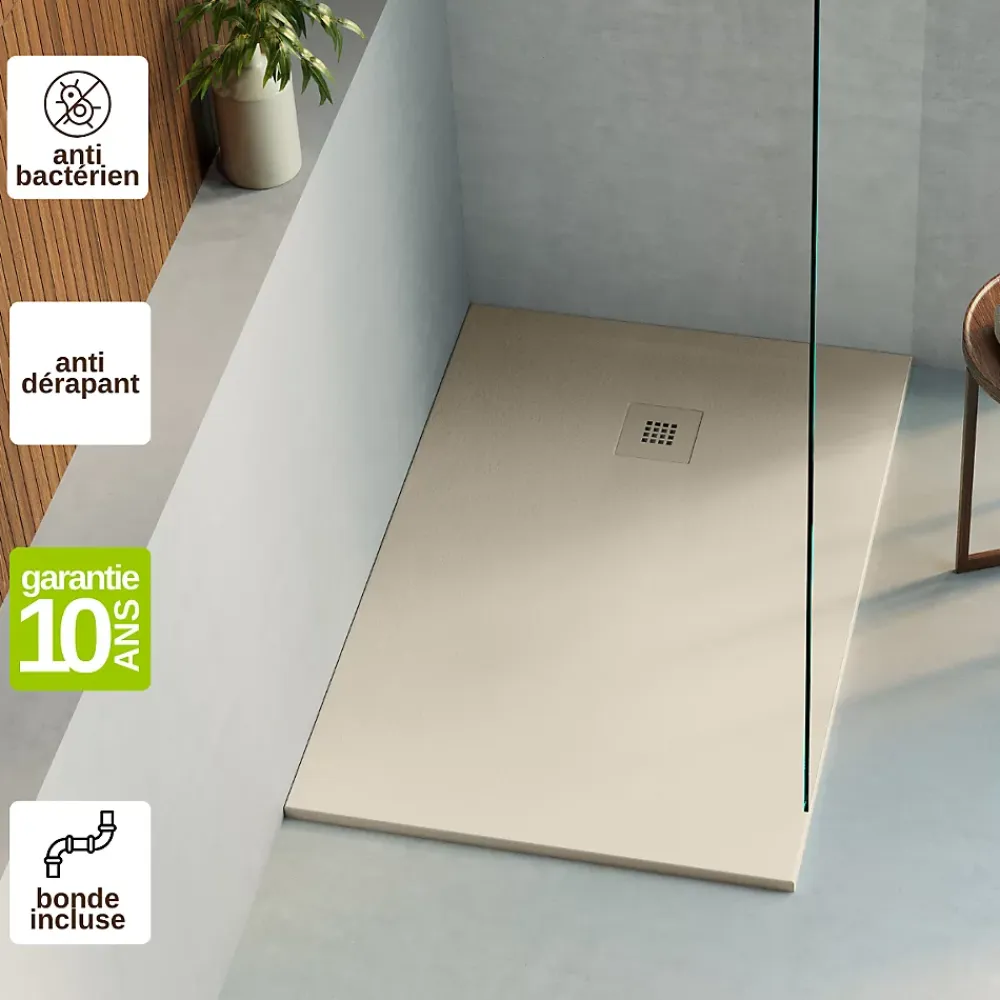Lavaberg Receveur de Douche Extraplat 180x80cm Beige - Résine Minérale - Antidérapant - Effet Ardoise - Bonde Incluse -