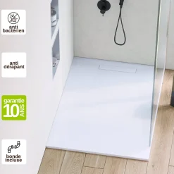 Receveur De Douche|Sanizéo Receveur de Douche Extraplat 70X140cm Blanc - Résine Minérale - Antidérapant - Effet Pierre Naturelle - RÉSIGRÈS.